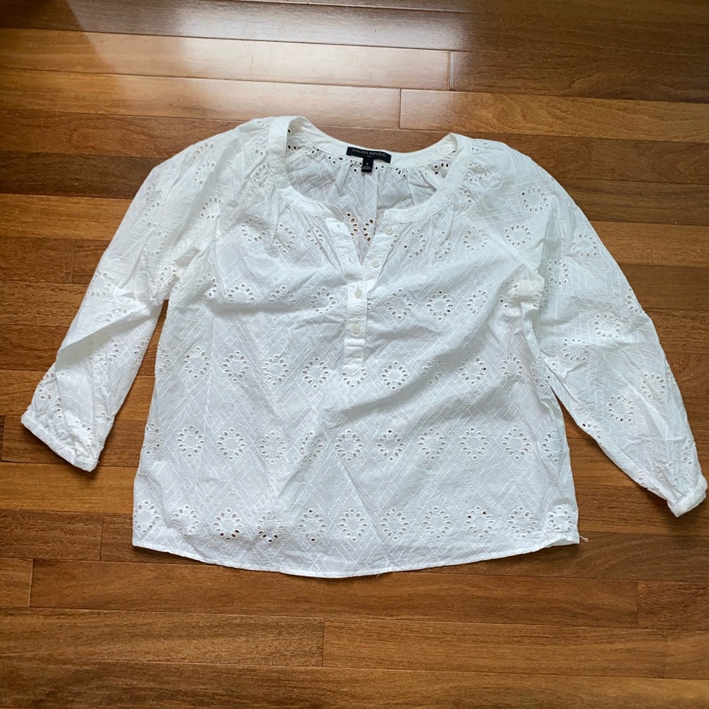 Banana republic, white three-quarter sleeve eyelet blouse